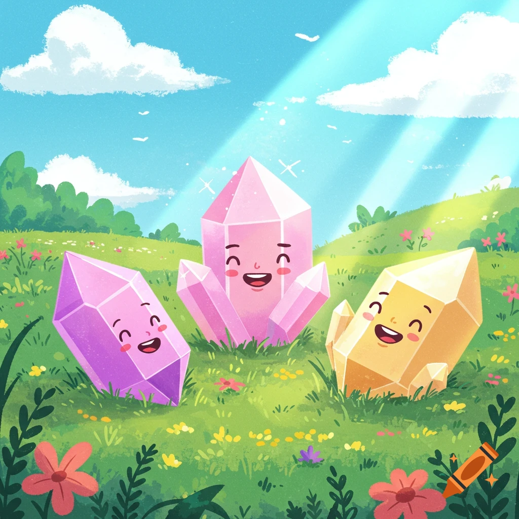 Three happy cartoon crystals in pink, purple, and yellow stand in a sunny green field with flowers under a blue sky.