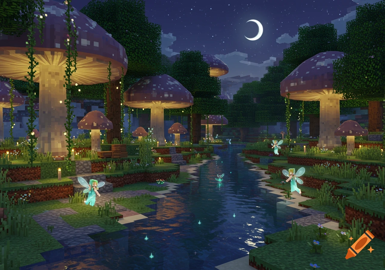 A pixel art Minecraft fairy world at night, with a river, glowing giant mushrooms, and small fairies under a crescent moon.