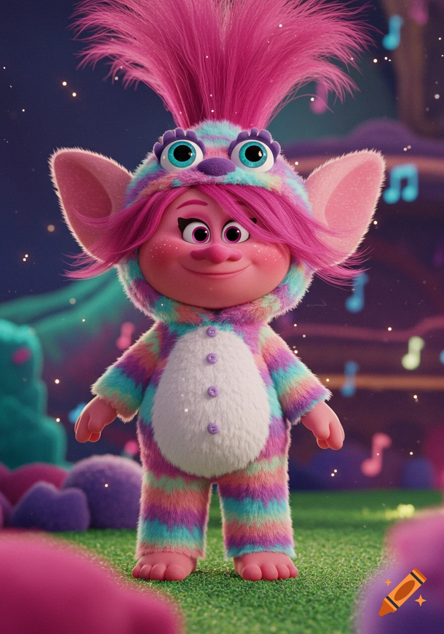 Princess Poppy from Trolls in a colorful Furby onesie with pink hair, on grass in a sparkling night scene.