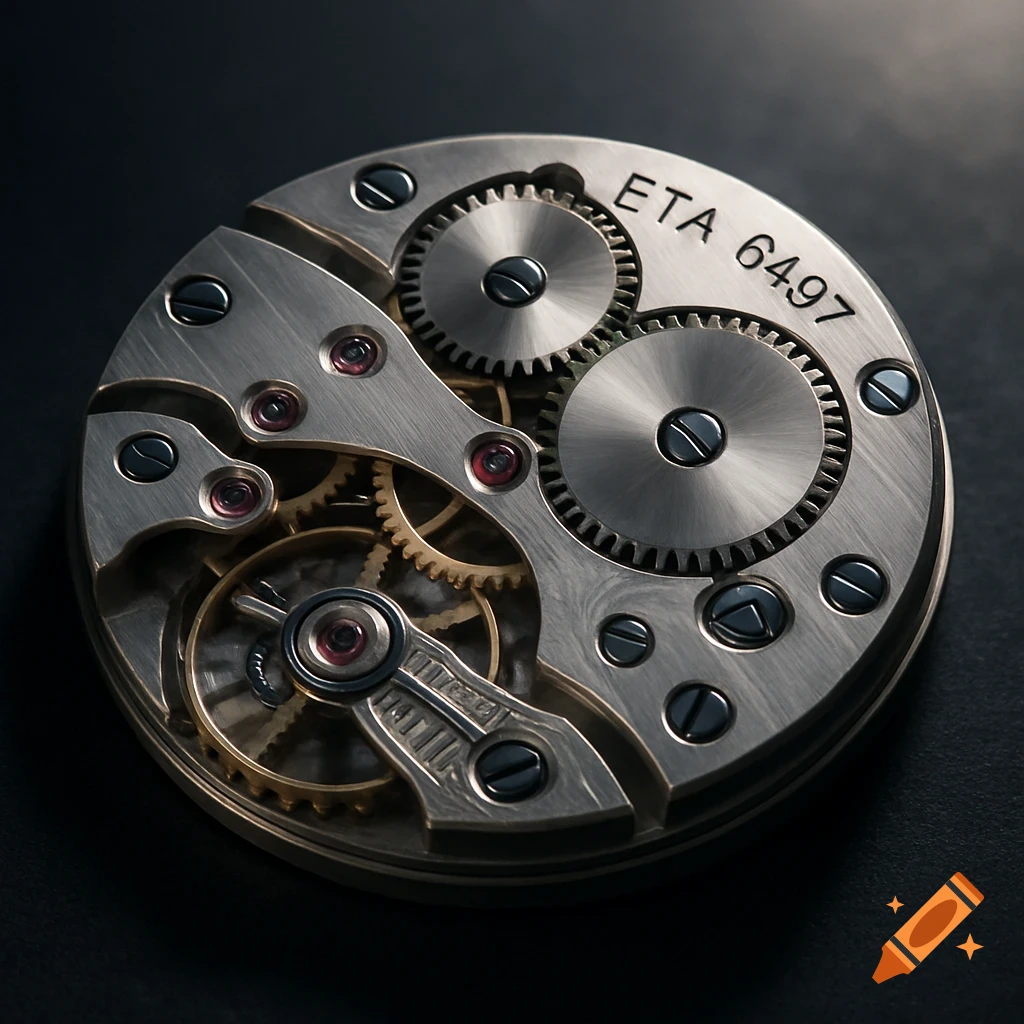 Close-up photorealistic image of a detailed ETA 6497 mechanical watch movement, featuring intricate gears and screws.