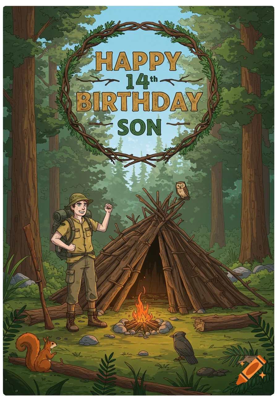 Cartoon illustration of a young person in outdoor gear standing by a campfire and lean-to in a forest. Text reads 'HAPPY 14th BIRTHDAY SON'.