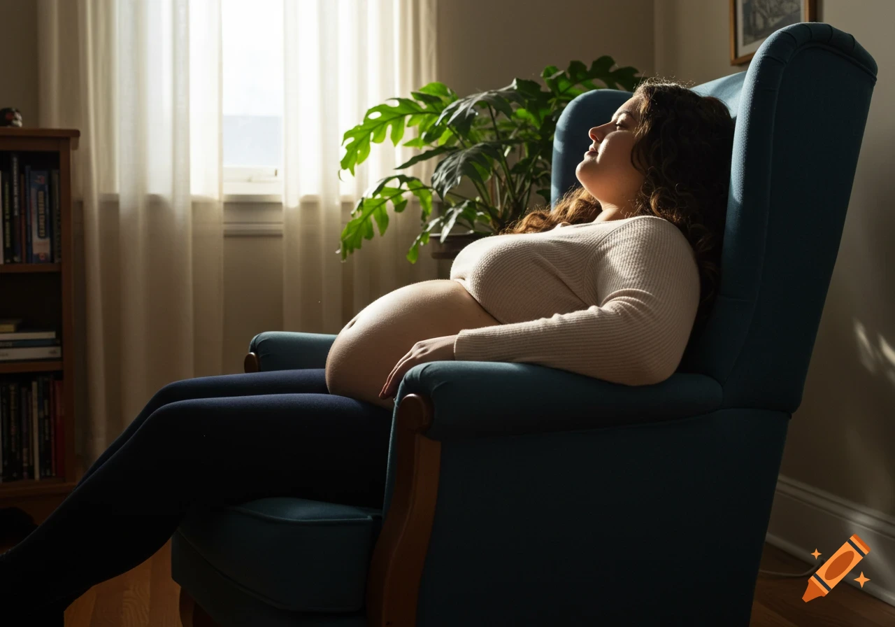 A pregnant woman with a bare belly leans back in a blue armchair, eyes closed, in a sunlit room.