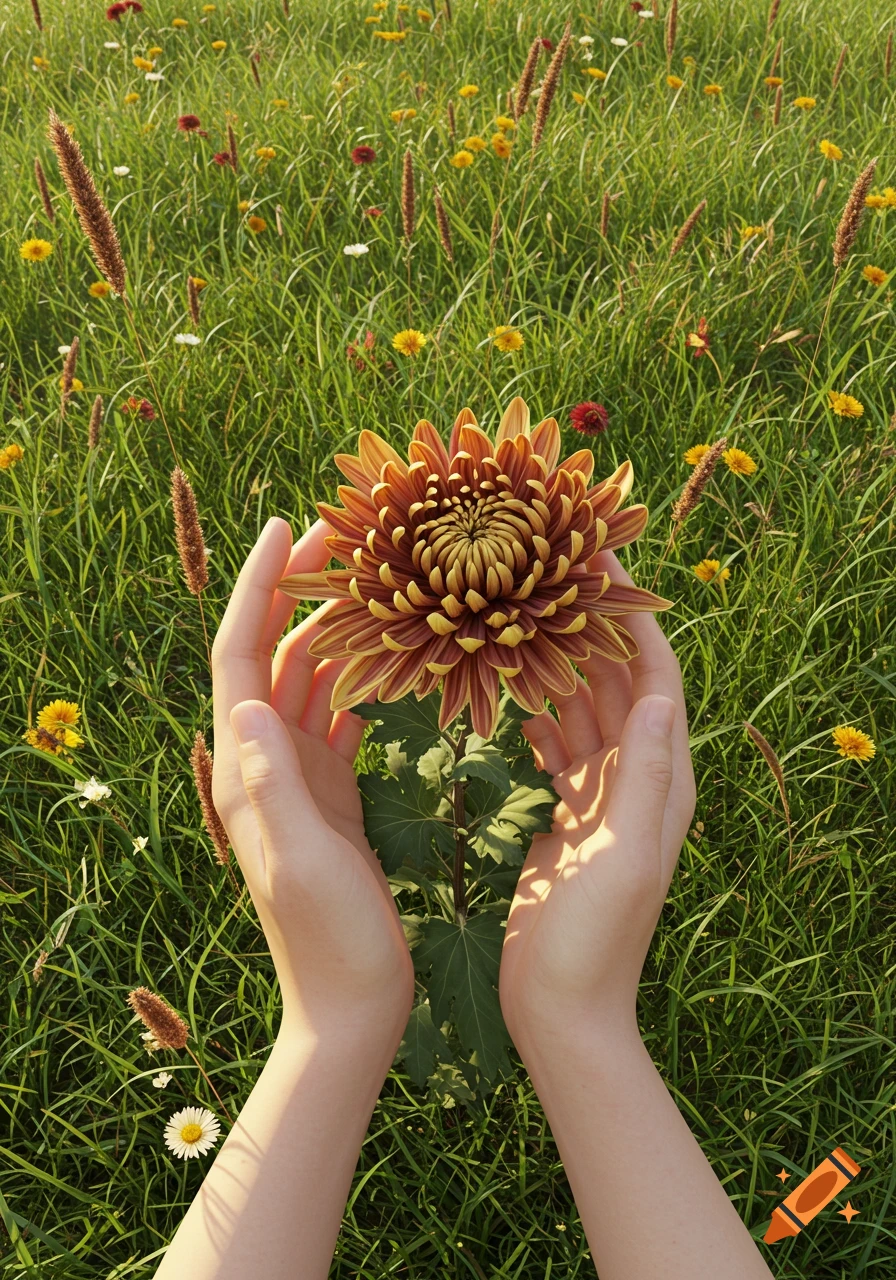 Two hands gently cup a vibrant red and yellow chrysanthemum flower in a sunlit green grass field with scattered wildflowers.