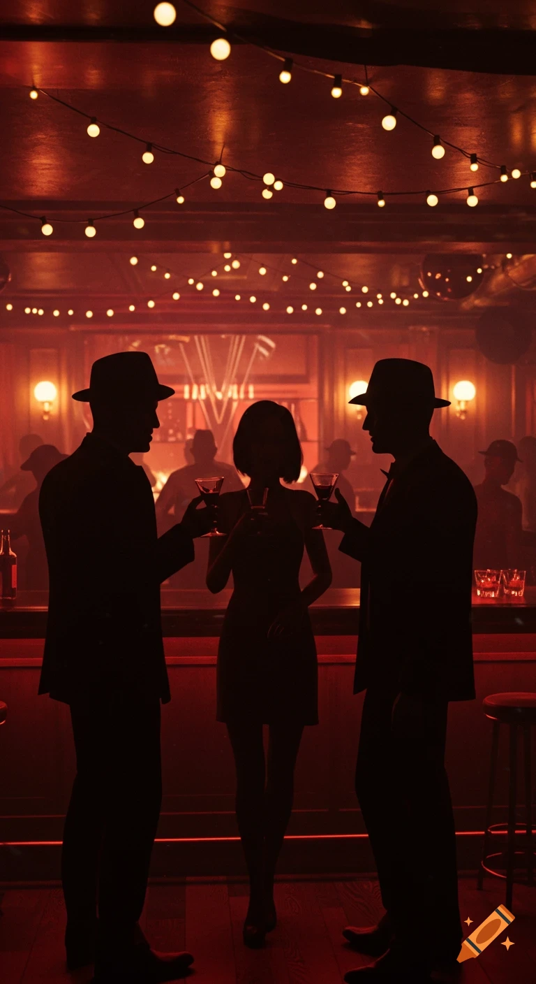 Two men and a woman silhouetted, holding drinks in a red-lit, atmospheric bar with string lights overhead, cinematic digital art.