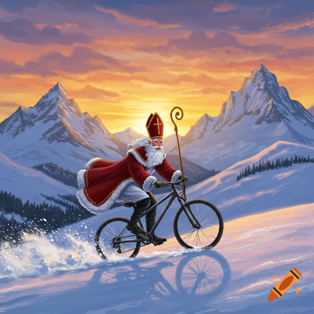 A festive Saint Nicholas in red robes and mitre rides a mountain bike through a snowy mountain landscape at sunset.