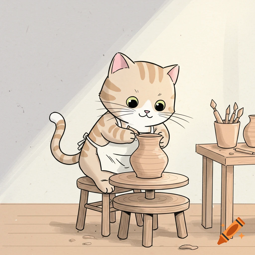 A cute cartoon cat wearing an apron, sitting on a stool and shaping a clay pot on a pottery wheel.