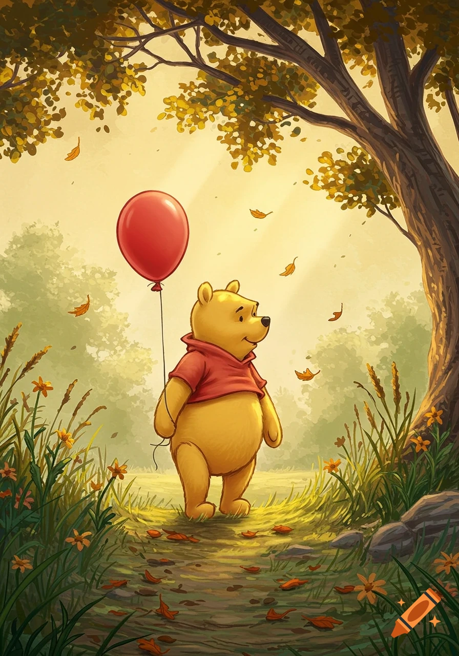 Winnie the Pooh holding a red balloon walks through an autumn forest path with falling leaves.