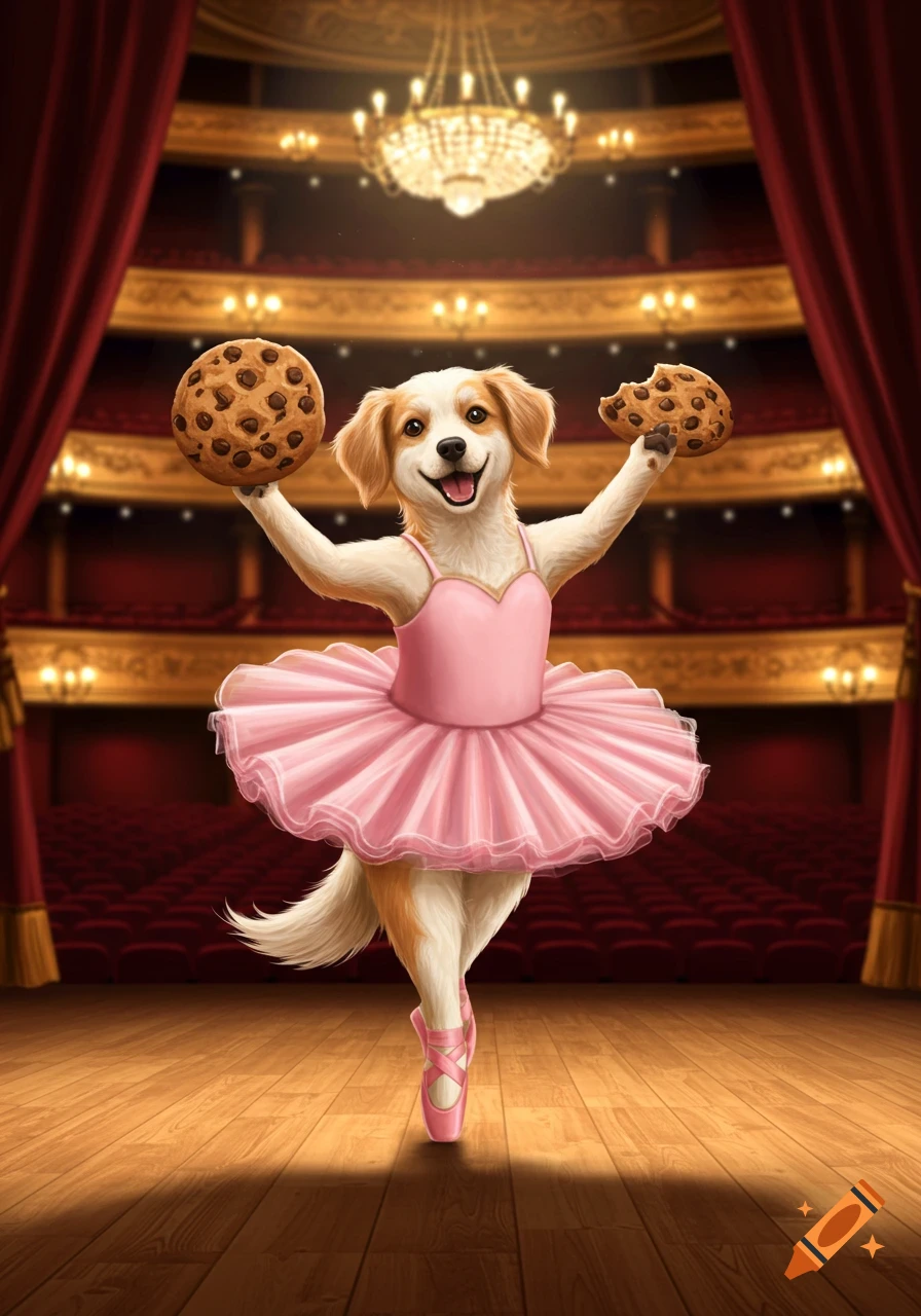 A happy dog dressed as a ballerina on a theater stage, holding two chocolate chip cookies.