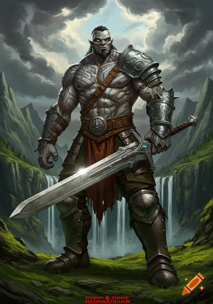 A powerful gray-skinned Goliath warrior with blue tattoos and ornate armor stands in a mountainous landscape with waterfalls, holding a large sword.