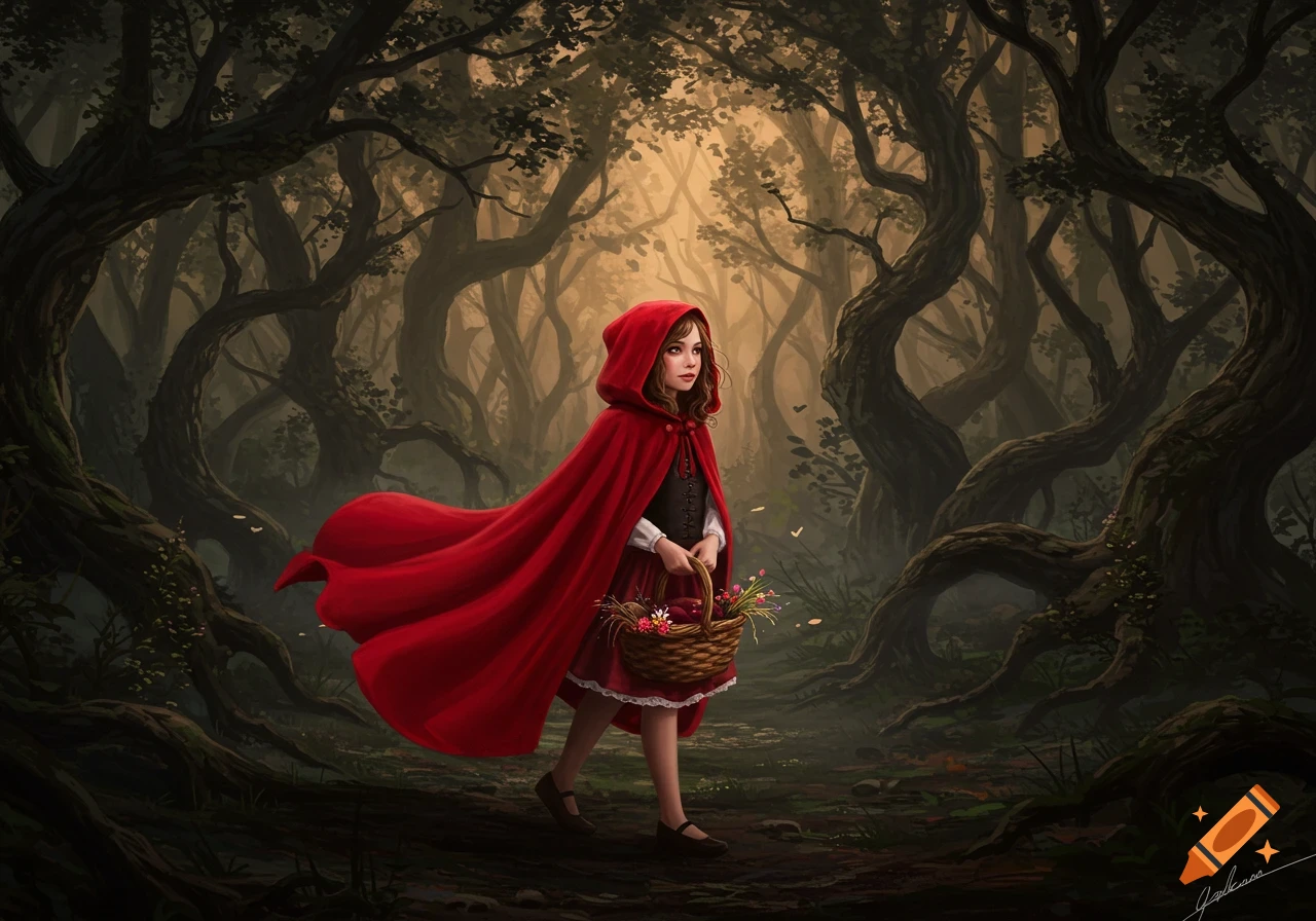 A young girl in a red hooded cape walks through a dark, whimsical forest, carrying a basket of flowers in an illustrative style.