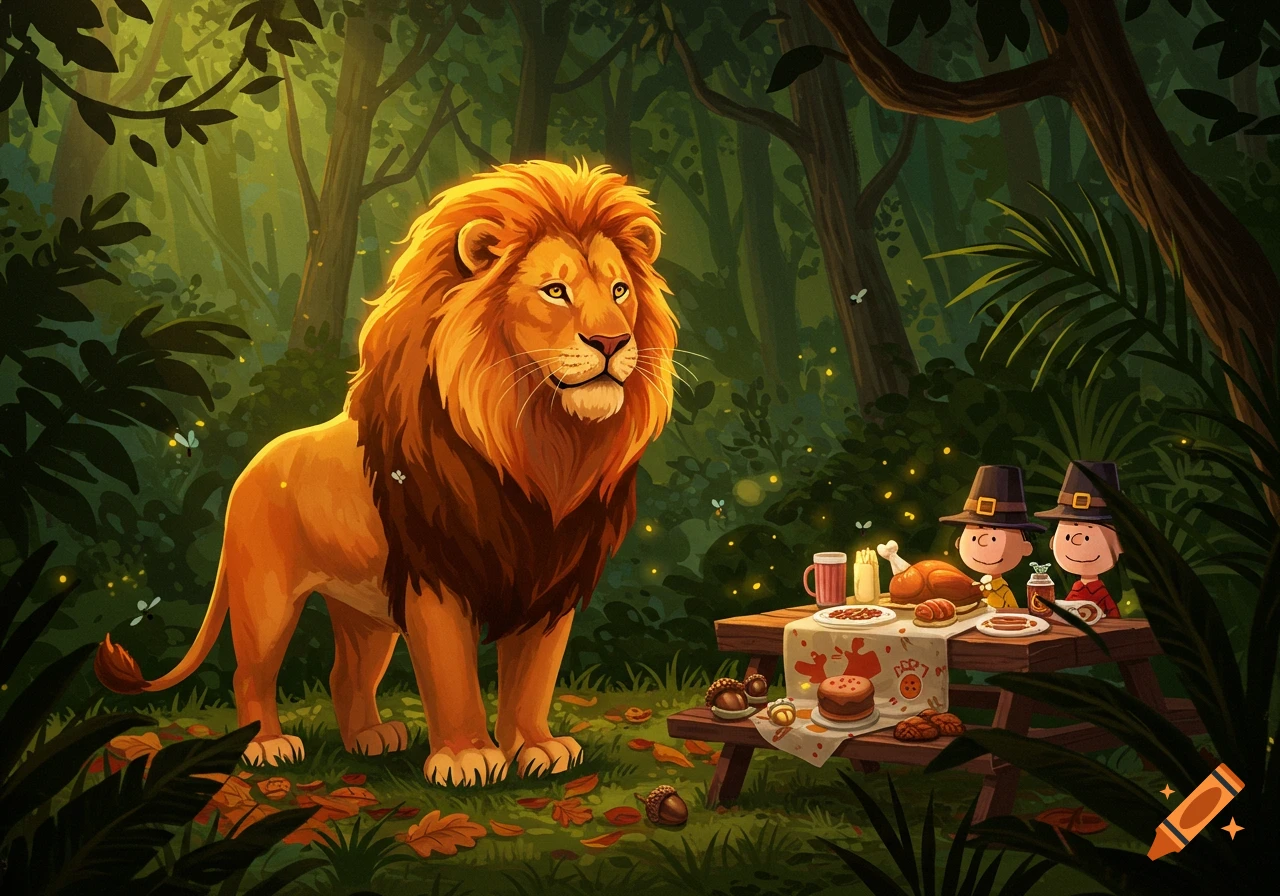 A stylized lion and two cartoon characters enjoy a Thanksgiving picnic in a lush jungle with orange hues.