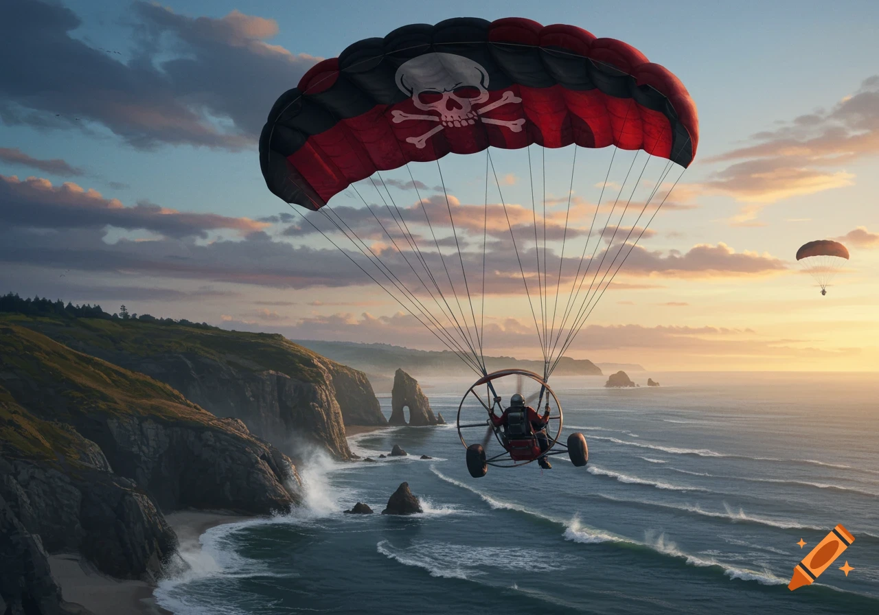 A powered parachute with a skull and crossbones canopy flies over a scenic coastline with cliffs and ocean waves at sunset.