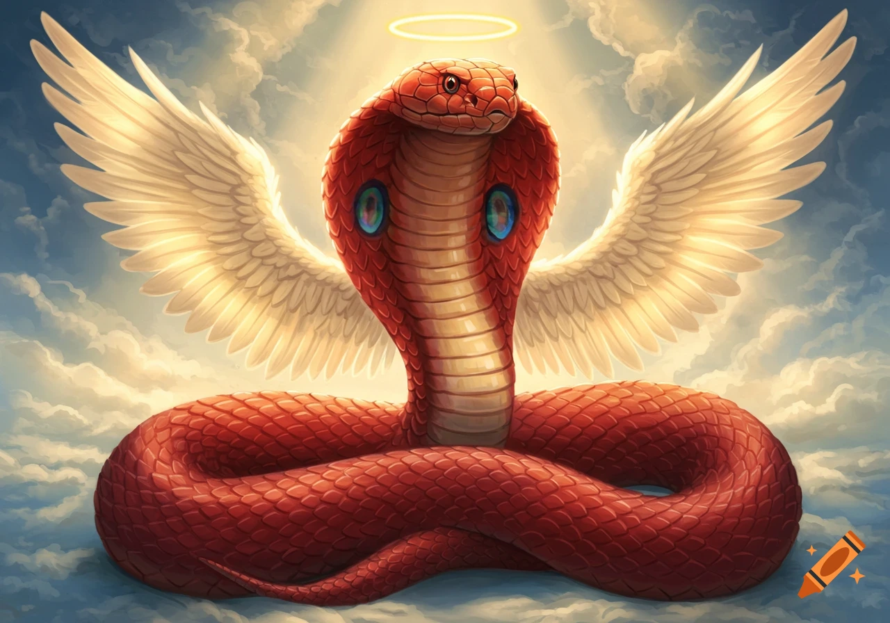A majestic red king cobra with white angel wings and a golden halo, floating in a cloudy, angelic sky.