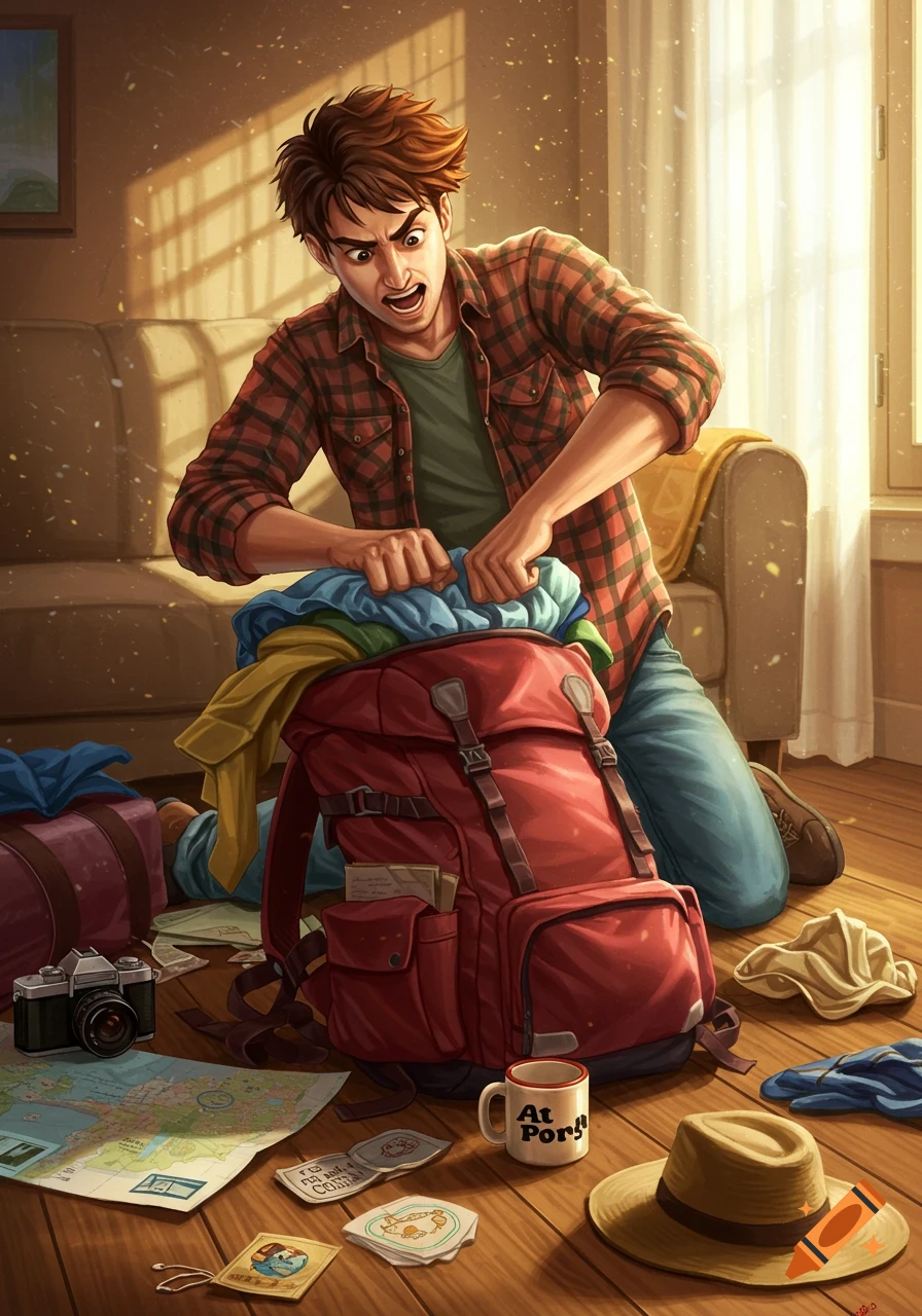 An expressive man with brown hair and a plaid shirt struggles to pack a red backpack, surrounded by scattered clothes and travel items on a wooden floor, in a stylized illustration.