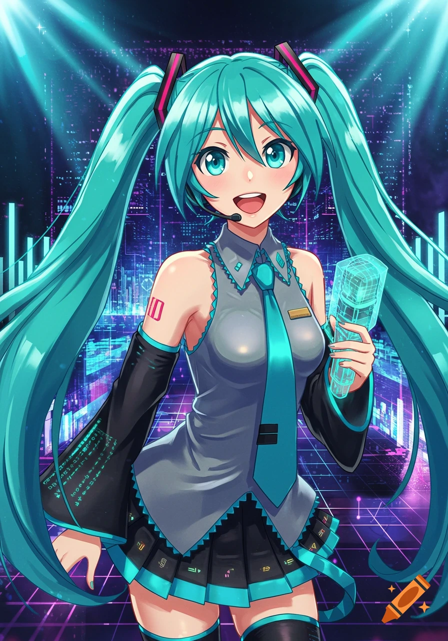 An anime character, Hatsune Miku, with long turquoise pigtails, smiles and holds a glowing microphone. She wears her signature gray and teal outfit with digital patterns, set against a futuristic cityscape.