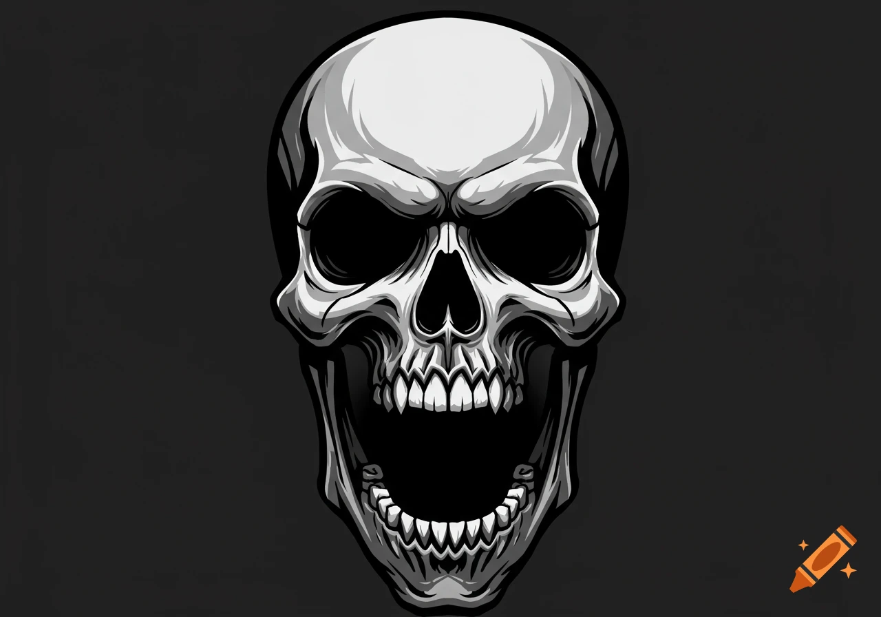 A stylized black and white vector illustration of a screaming skull with an open mouth.