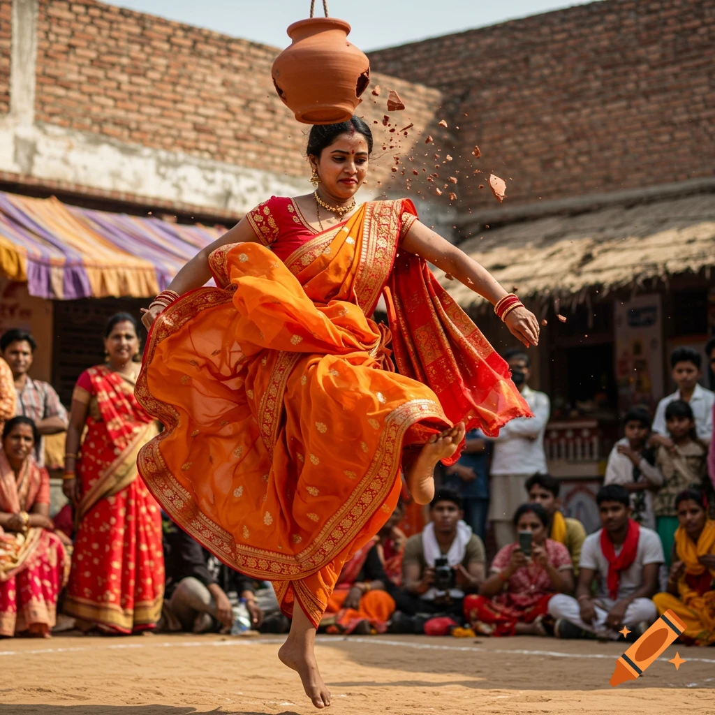 A barefoot Indian woman in a vibrant orange saree performs a high kick to smash a hanging clay pot, with shattered pieces flying.