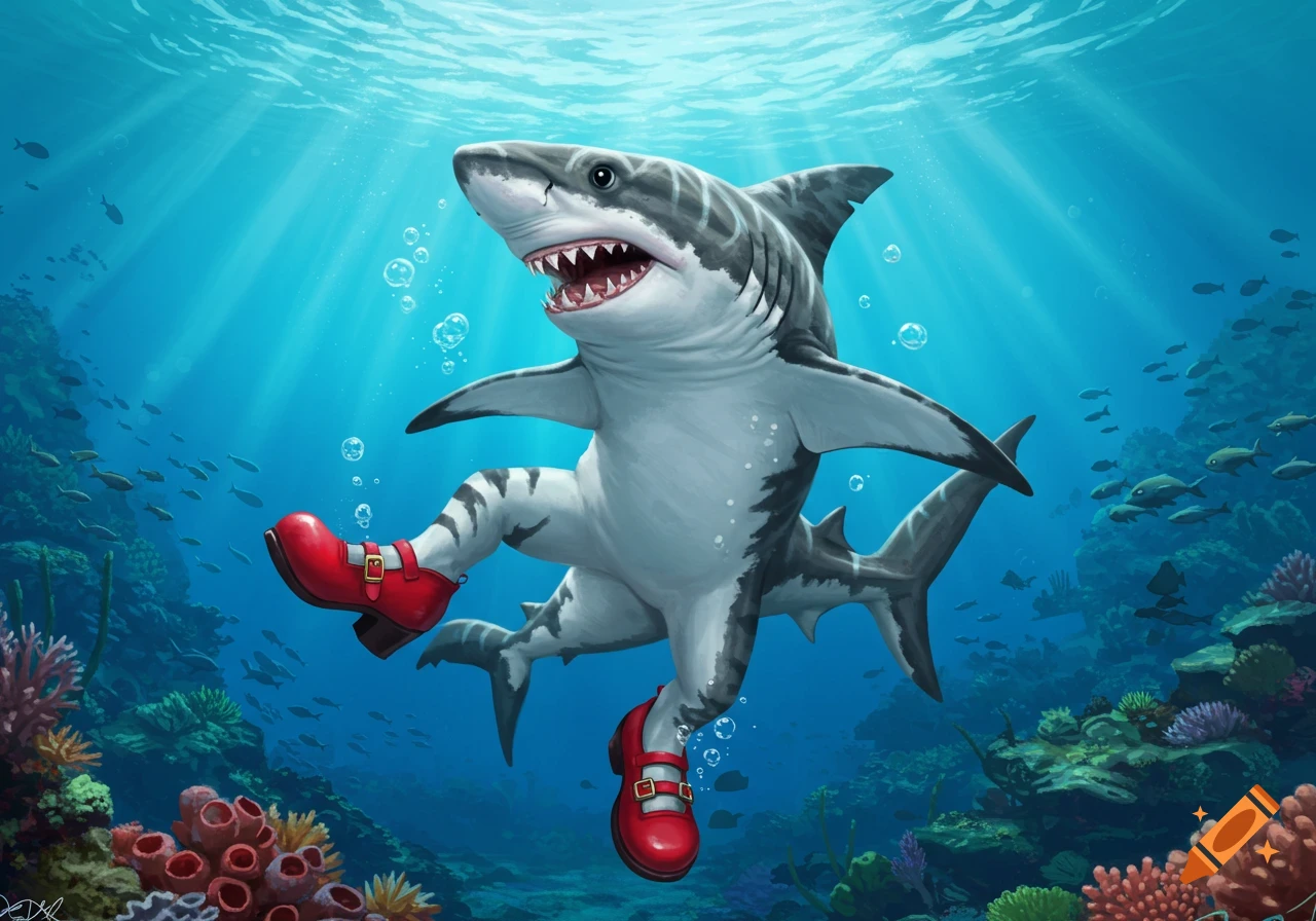 A smiling anthropomorphic shark wearing red shoes dances underwater among coral and fish, with sun rays from above.