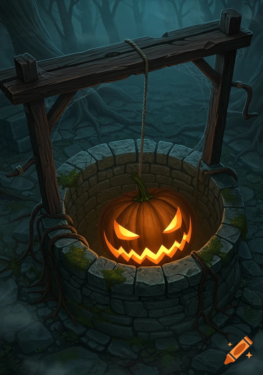 A glowing jack-o'-lantern sits inside a mossy stone well in a dark, eerie forest, drawn in a detailed fantasy art style.