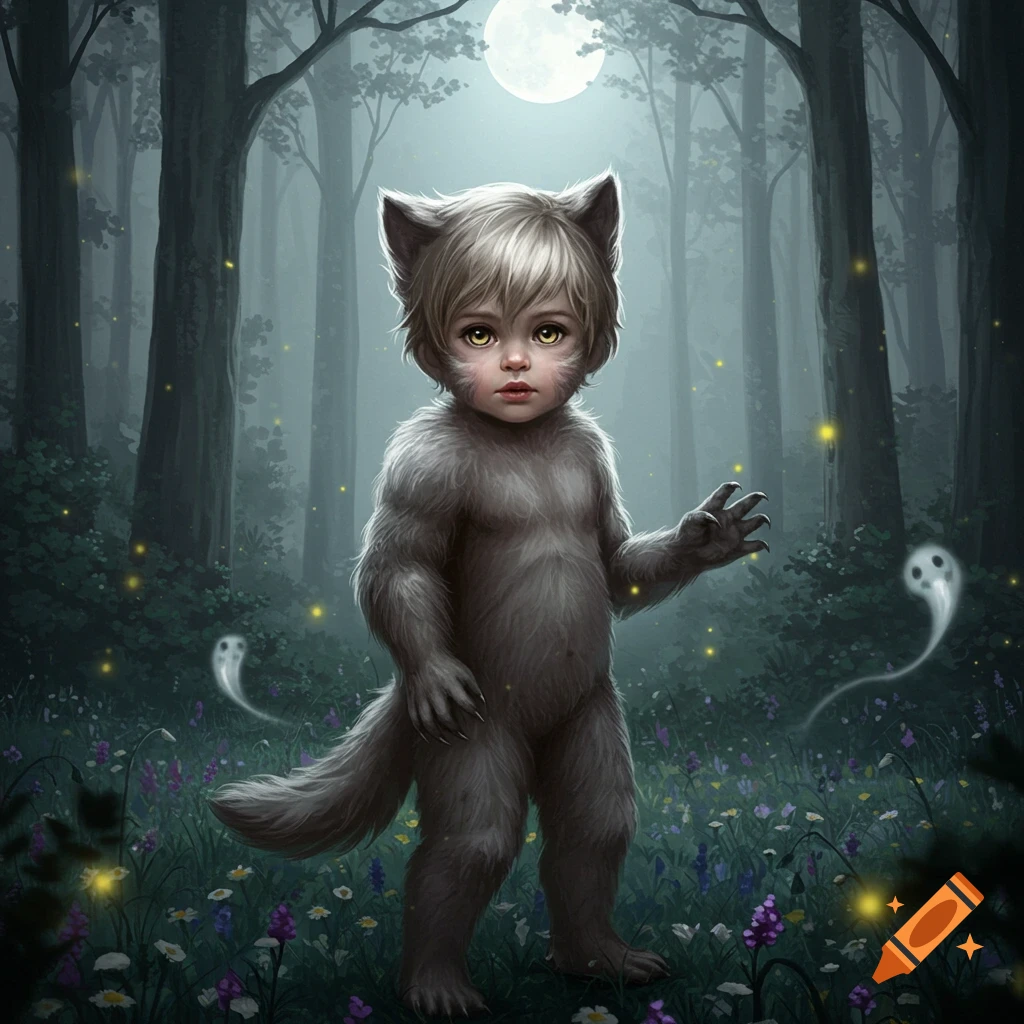 A cute, child-like werewolf with blonde hair stands in a mystical forest under a full moon, with glowing fireflies and two ghostly figures.