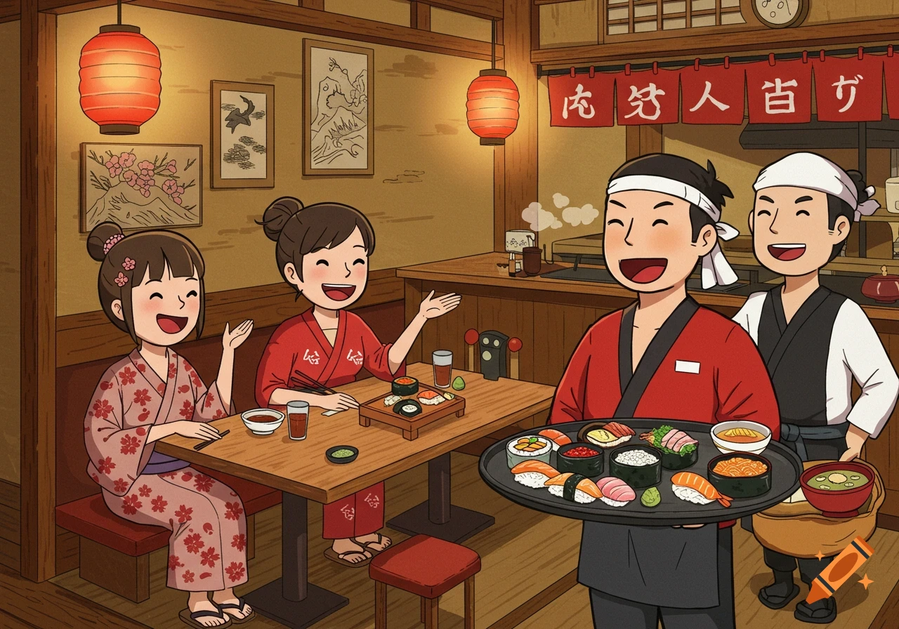 A cartoon illustration of a Japanese restaurant with two customers eating sushi and two waiters, one holding a tray of sushi.