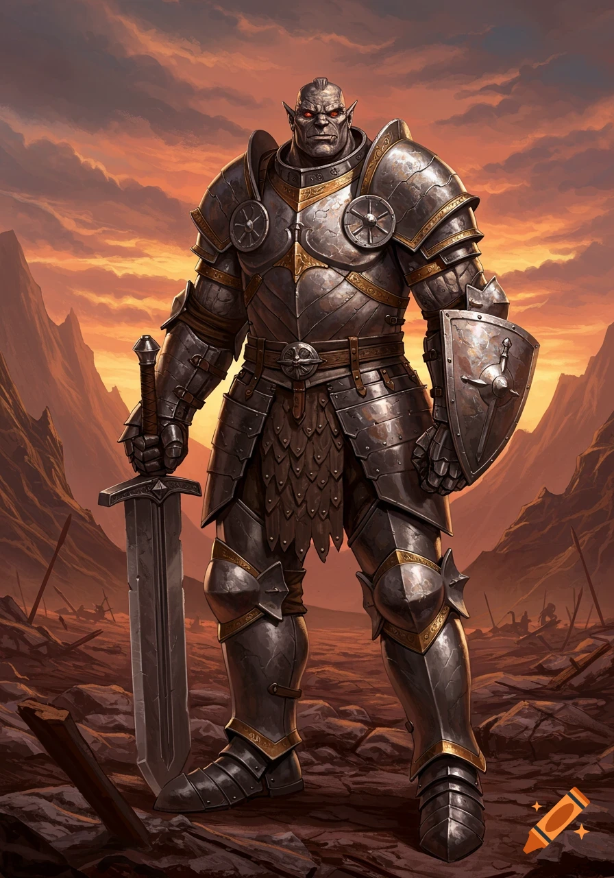 A formidable Goliath warrior in intricate plate armor stands in a desolate landscape at sunset, holding a greatsword and shield.