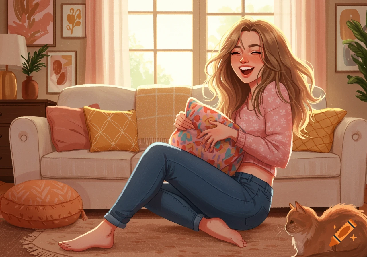 A smiling cartoon woman with long brown hair sits on the floor of a sunlit living room, holding a colorful pillow, with a cat nearby.