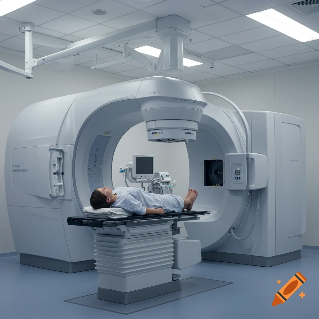 A patient lies on a table, receiving radiation therapy from a large, modern medical machine in a hospital room.