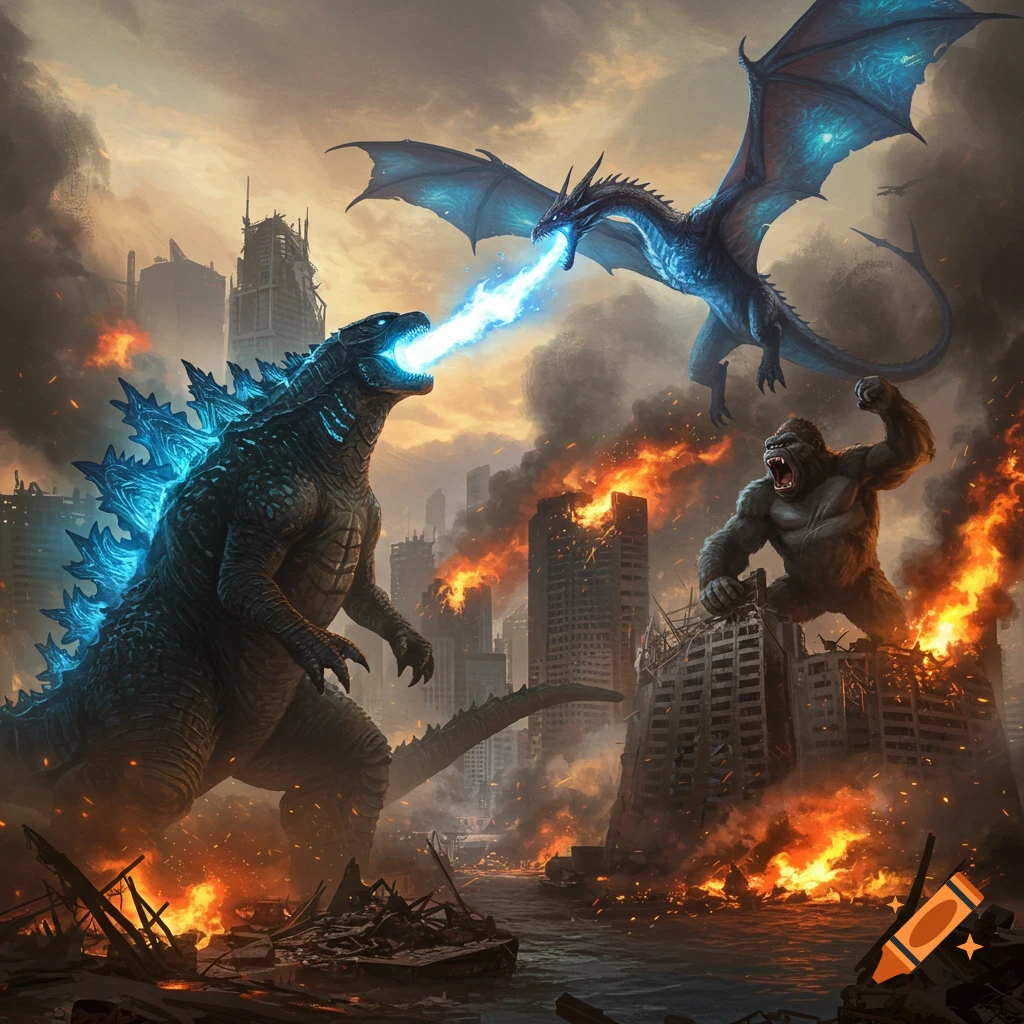 Godzilla, King Kong, and a dragon battle in a burning, destroyed city, with Godzilla and the dragon breathing blue energy.