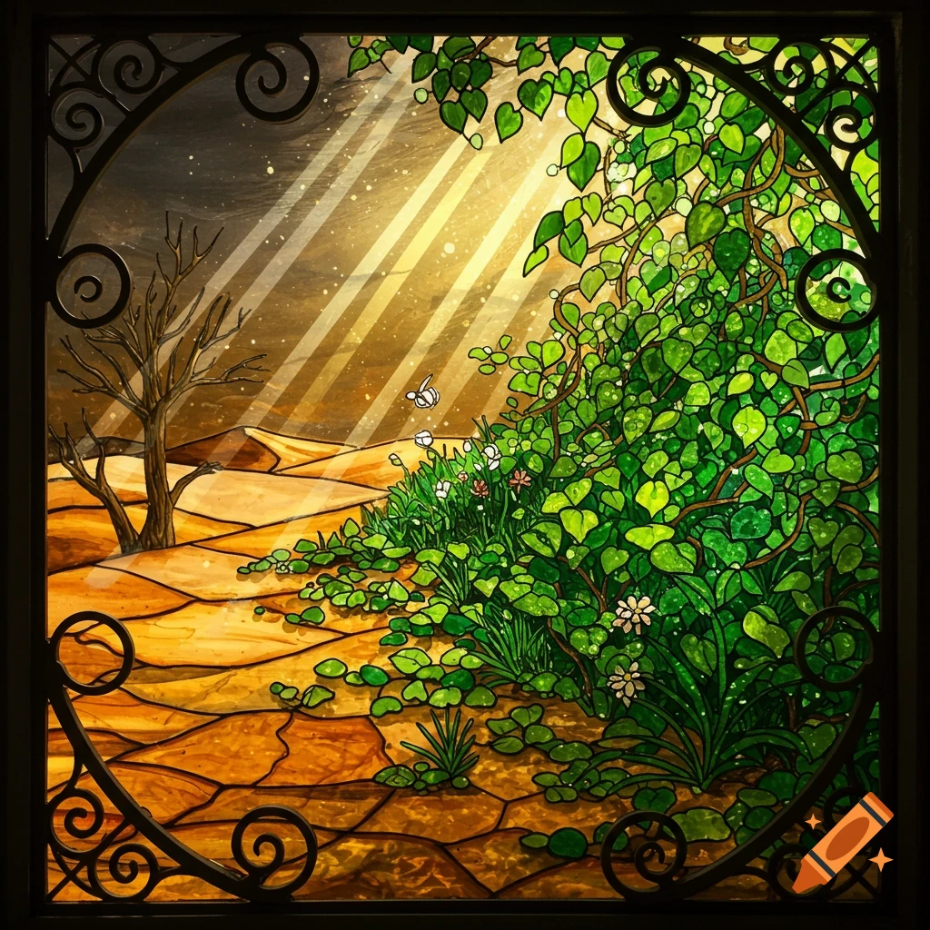 A stained glass window depicting a barren desert landscape transitioning into a vibrant, lush green area under sun rays, framed by decorative black ironwork.