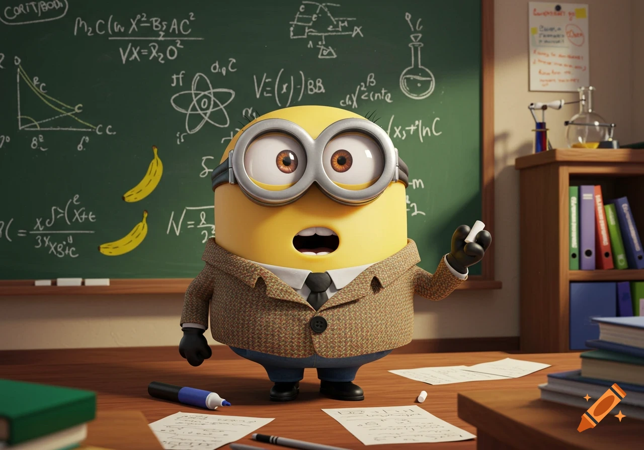 A Minion professor wearing a tweed jacket and tie stands in front of a blackboard covered in equations, holding a piece of chalk.