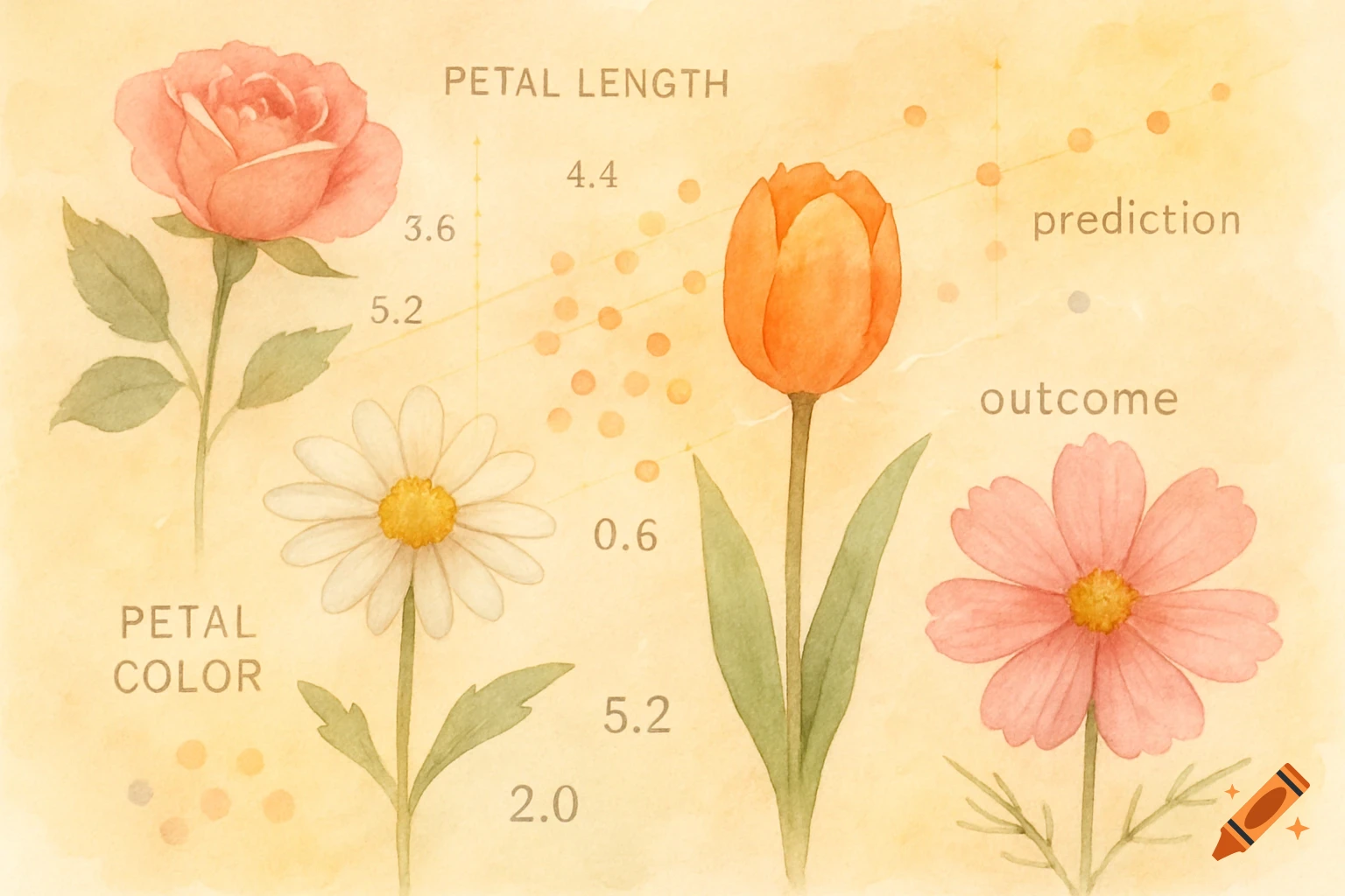 A watercolor illustration of a data chart showing a rose, daisy, tulip, and cosmos, with labels for petal length and color.