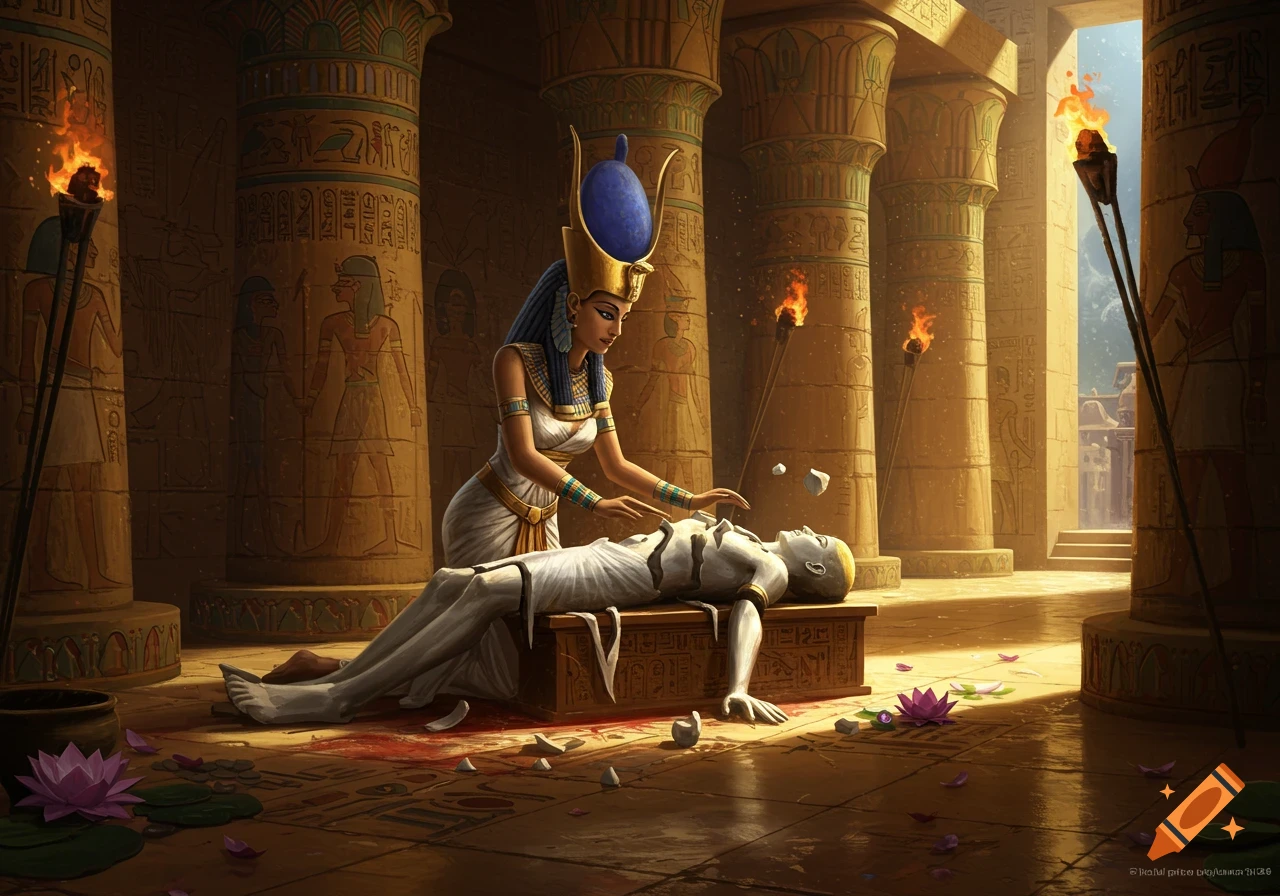Egyptian goddess Isis reassembling a body on an altar in a torch-lit, hieroglyphic-covered temple.
