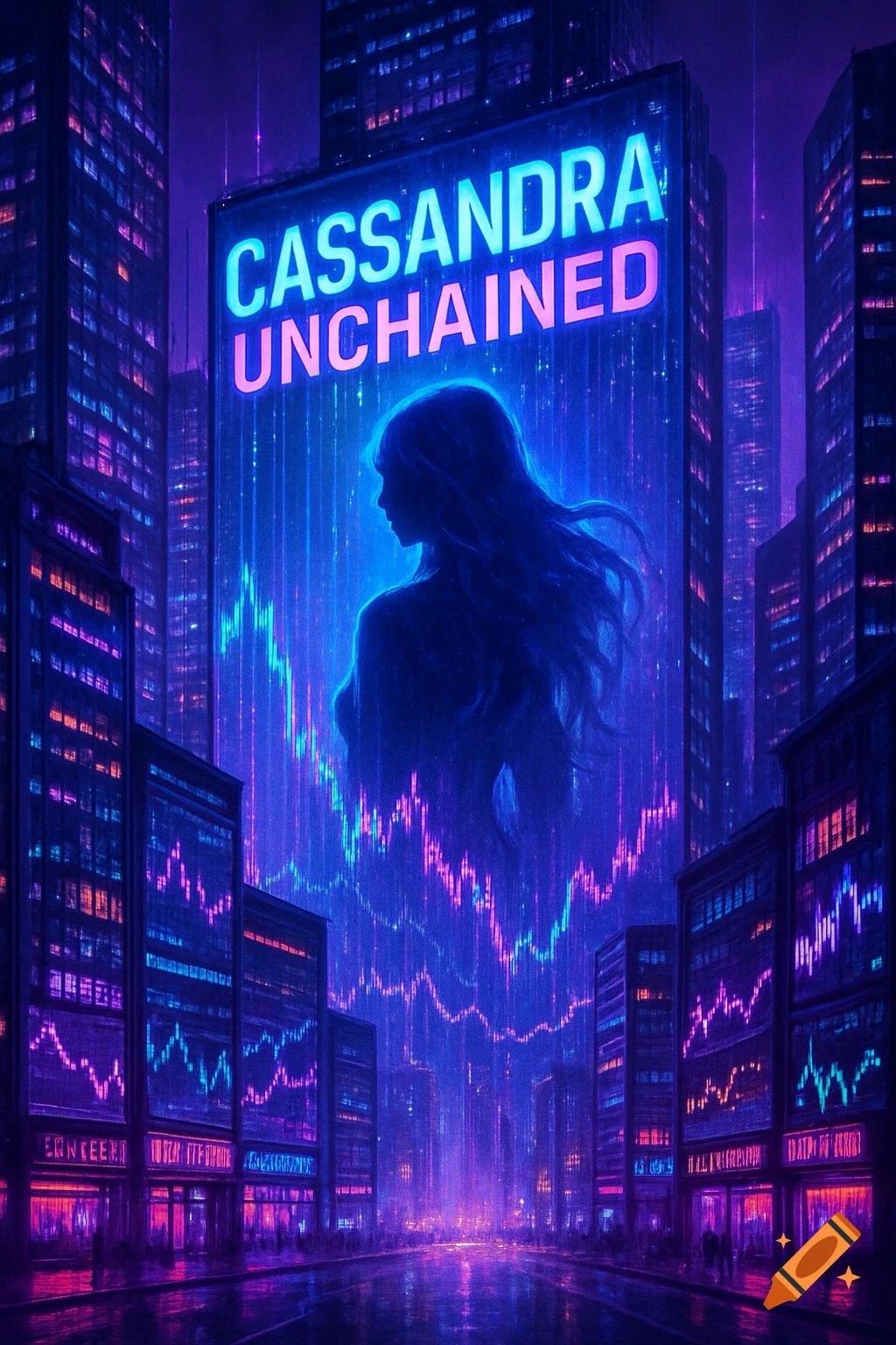 A glowing neon billboard in a futuristic cyberpunk city features a silhouette of a woman with the text "CASSANDRA UNCHAINED" above vibrant data graphs.