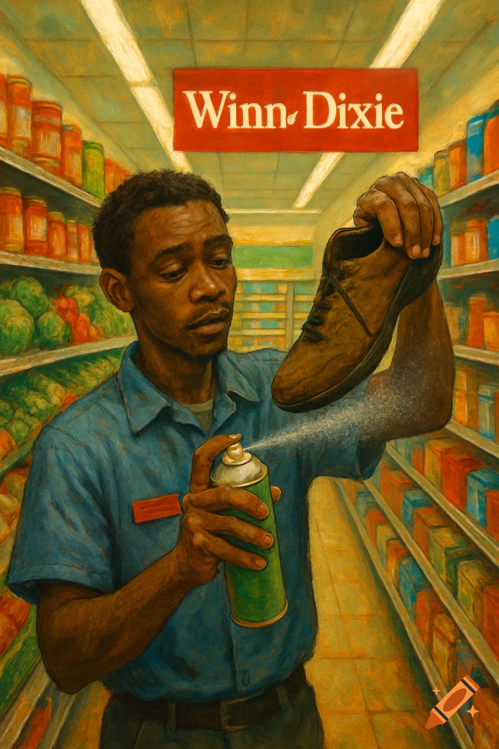 A painted scene of a Black man in a grocery store aisle, holding a shoe and spraying it with a green can. A 'Winn Dixie' sign hangs above.