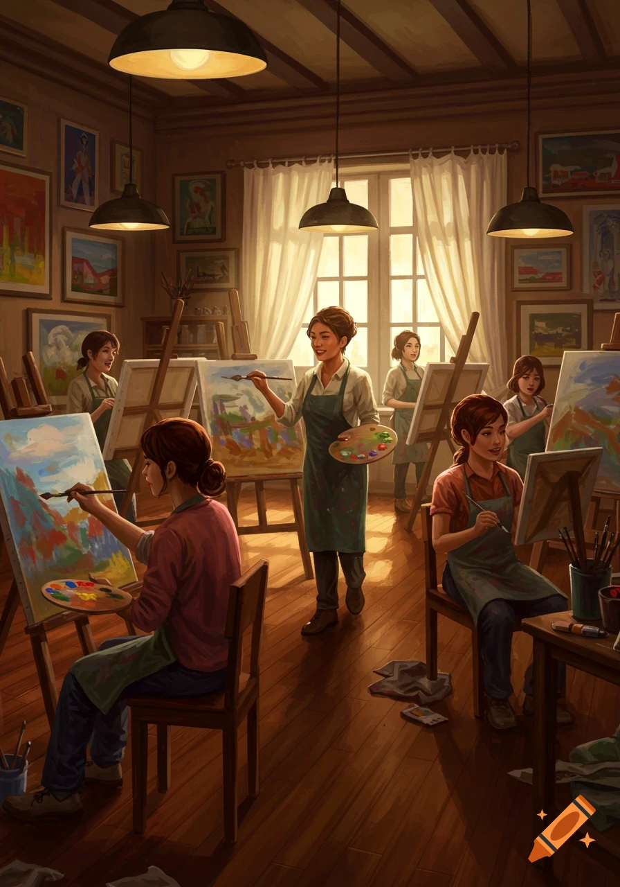 Women painting on easels in a sunlit art studio, filled with various artworks on the walls.