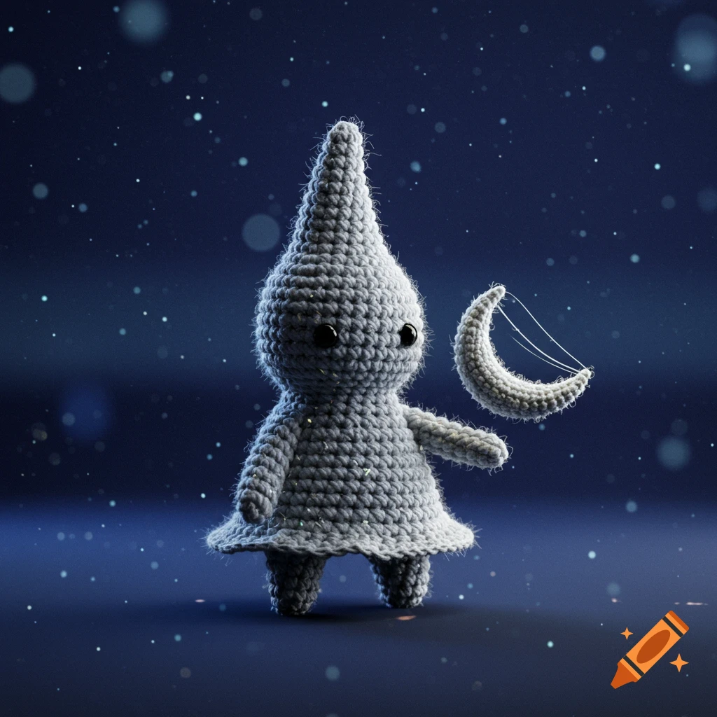 Grey amigurumi crochet moon sprite with a conical head holding a crescent moon against a dark, starry blue sky.