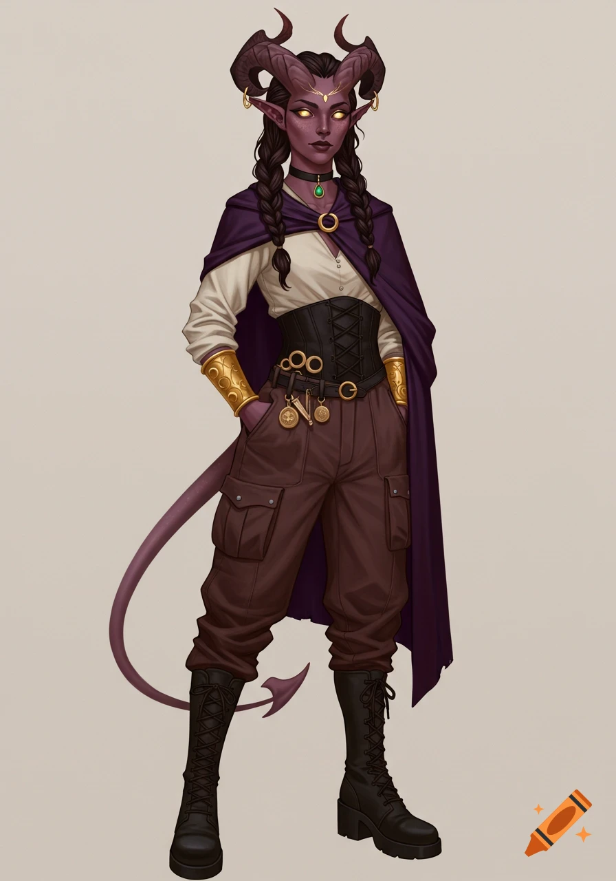 A full-body fantasy concept art portrait of a female tiefling with purple skin, horns, and glowing eyes, wearing a white shirt, black corset, brown pants, and a purple cloak.