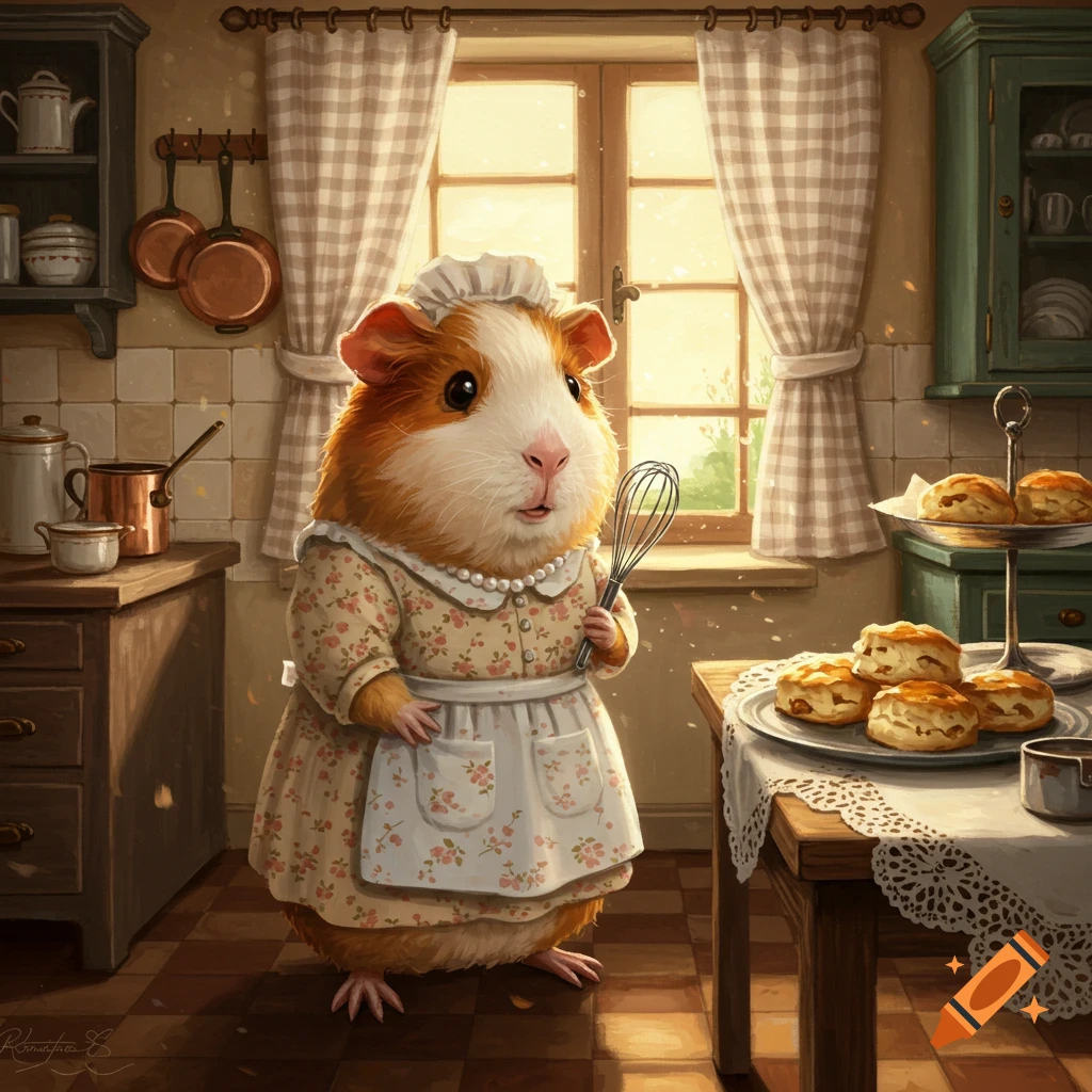 A cute guinea pig dressed as a housewife in a floral dress and apron, holding a whisk in a cozy kitchen with scones.