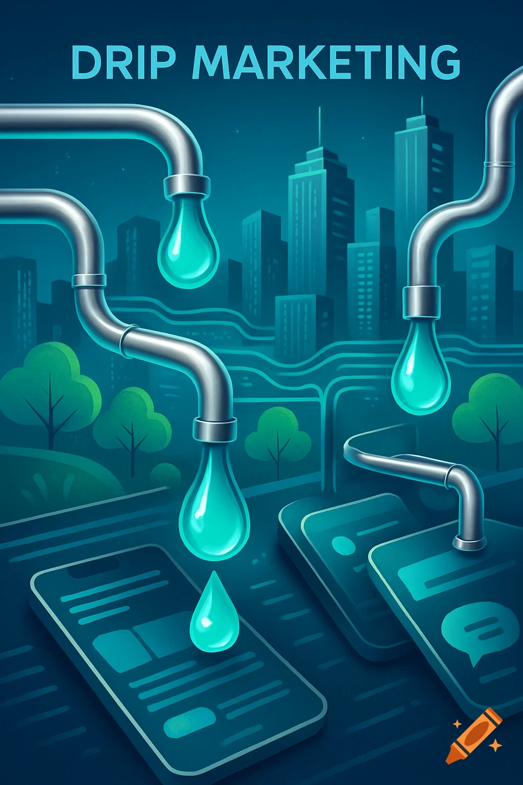 Illustration of pipes dripping turquoise liquid onto smartphones with a city skyline, text "DRIP MARKETING".