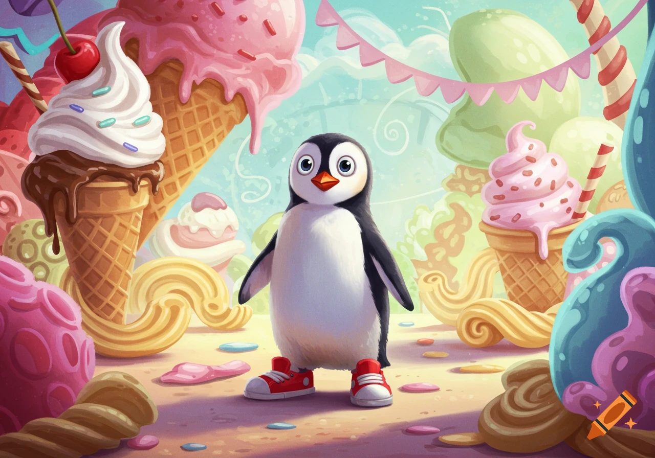 A cute cartoon penguin wearing red sneakers stands in a whimsical land of oversized ice cream, candy, and sweets.