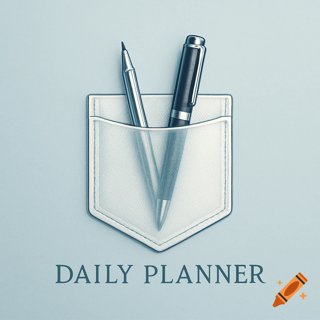 A white shirt pocket holds a silver mechanical pencil and a black pen, centered on a light blue background with 'DAILY PLANNER' text.