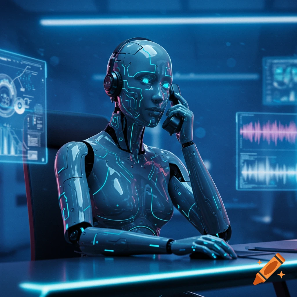 A photorealistic image of a sleek, futuristic female robot with glowing blue eyes and circuits, wearing a headset, holding a phone, and looking at holographic screens in a dark, neon-lit control room.