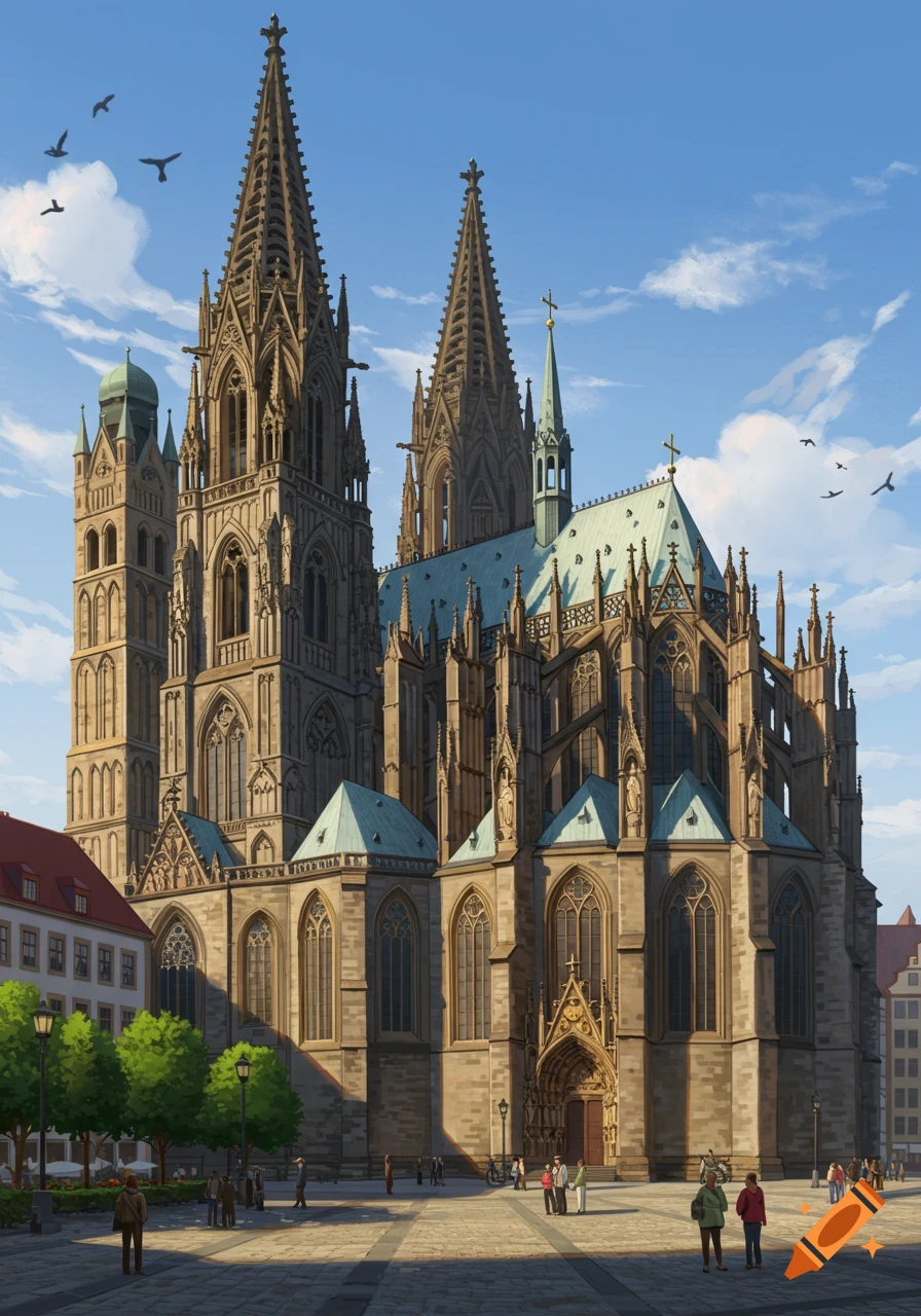 A grand Gothic cathedral with towering spires and intricate details, bathed in sunlight in a bustling city square under a blue sky with scattered clouds.