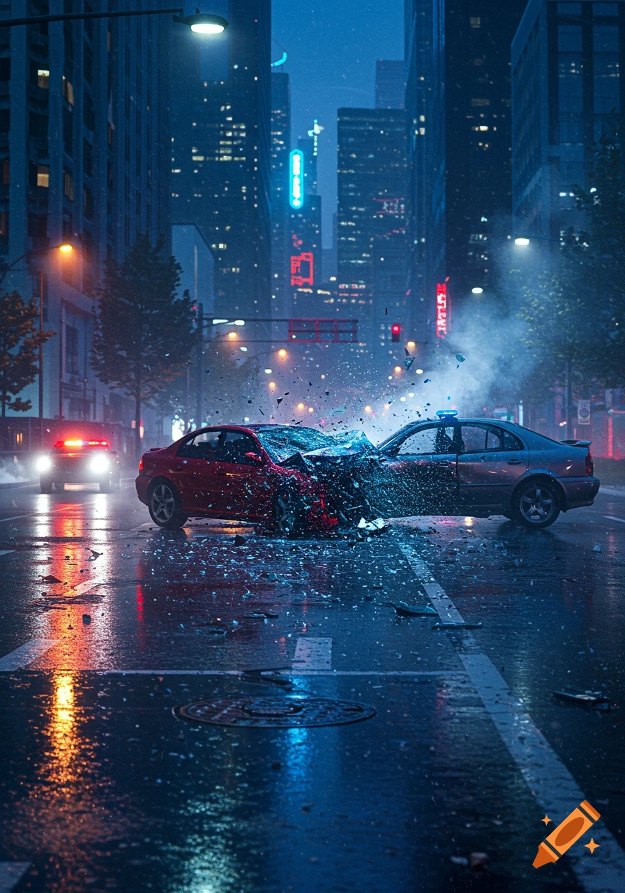 Two cars have violently collided on a wet city street at night, scattering debris with a police car in the background. Photorealistic style.