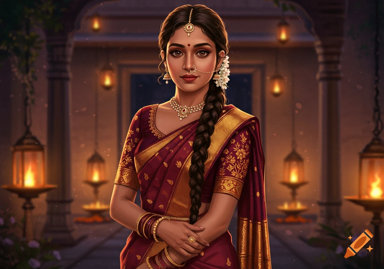 A beautiful young Indian woman in a maroon and gold saree, adorned with traditional jewelry, standing in a dimly lit setting with lanterns.
