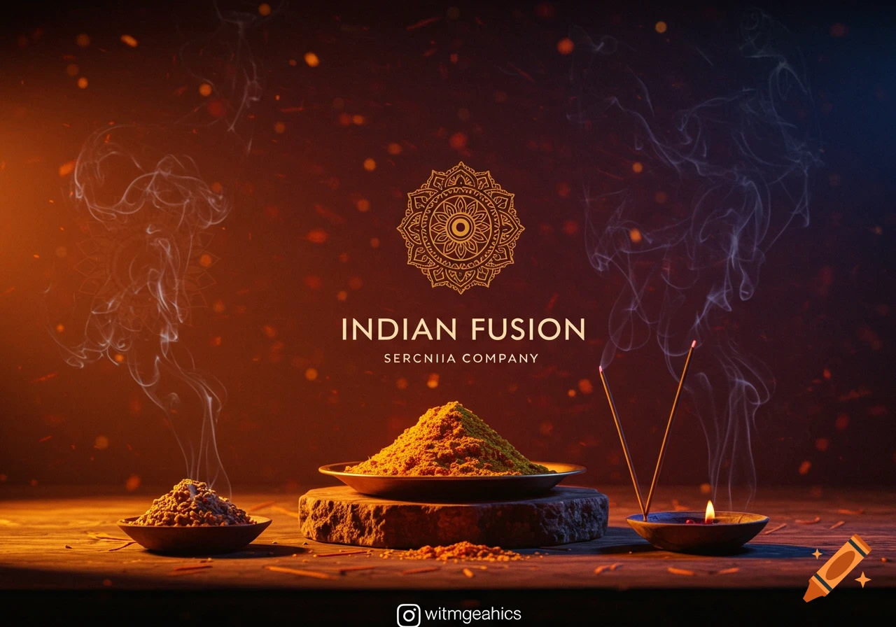 A still life showing piles of yellow spices, burning incense sticks, and a small lamp, with an "Indian Fusion" logo and mandala against a dark, warm background.
