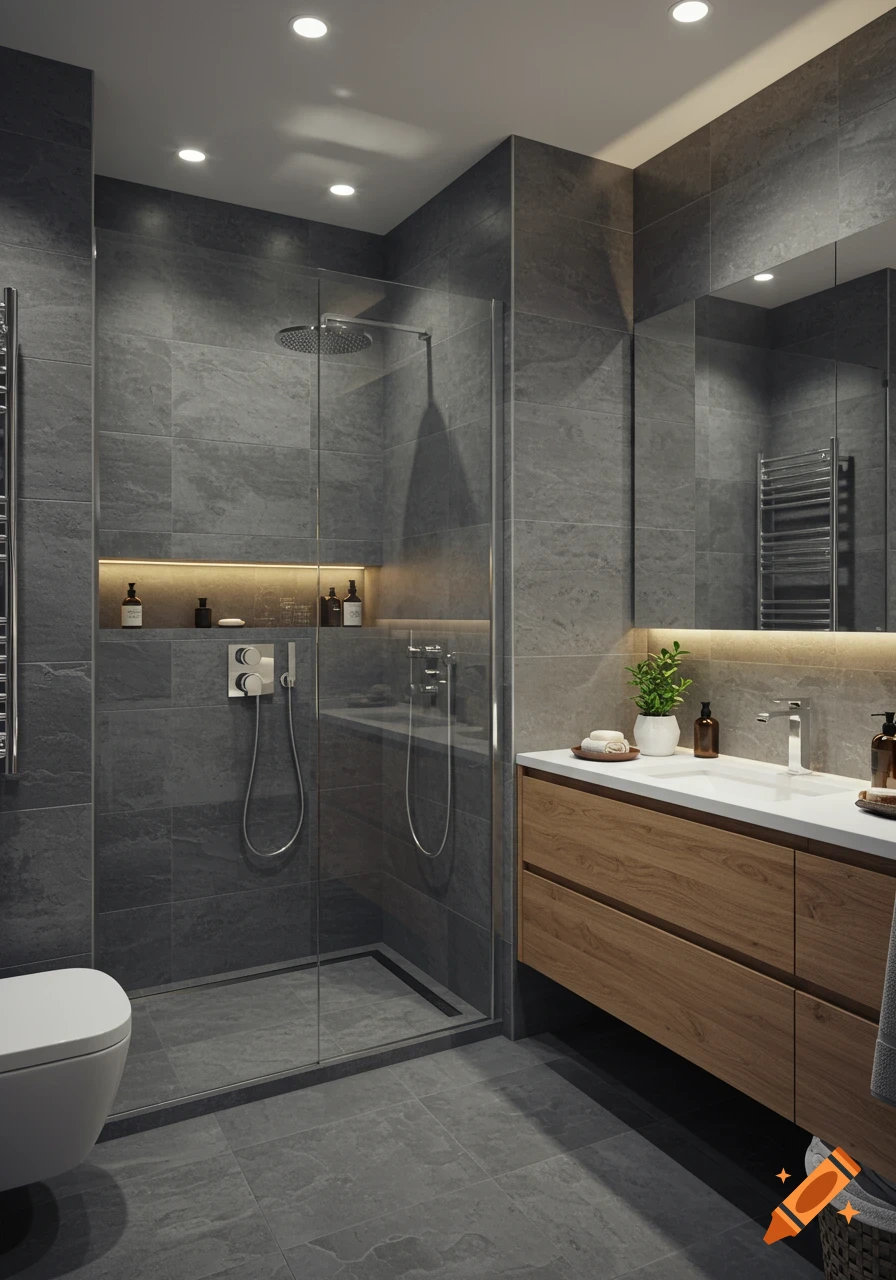 A modern bathroom with grey tiled walls, a glass shower, and a wooden vanity with a white sink.
