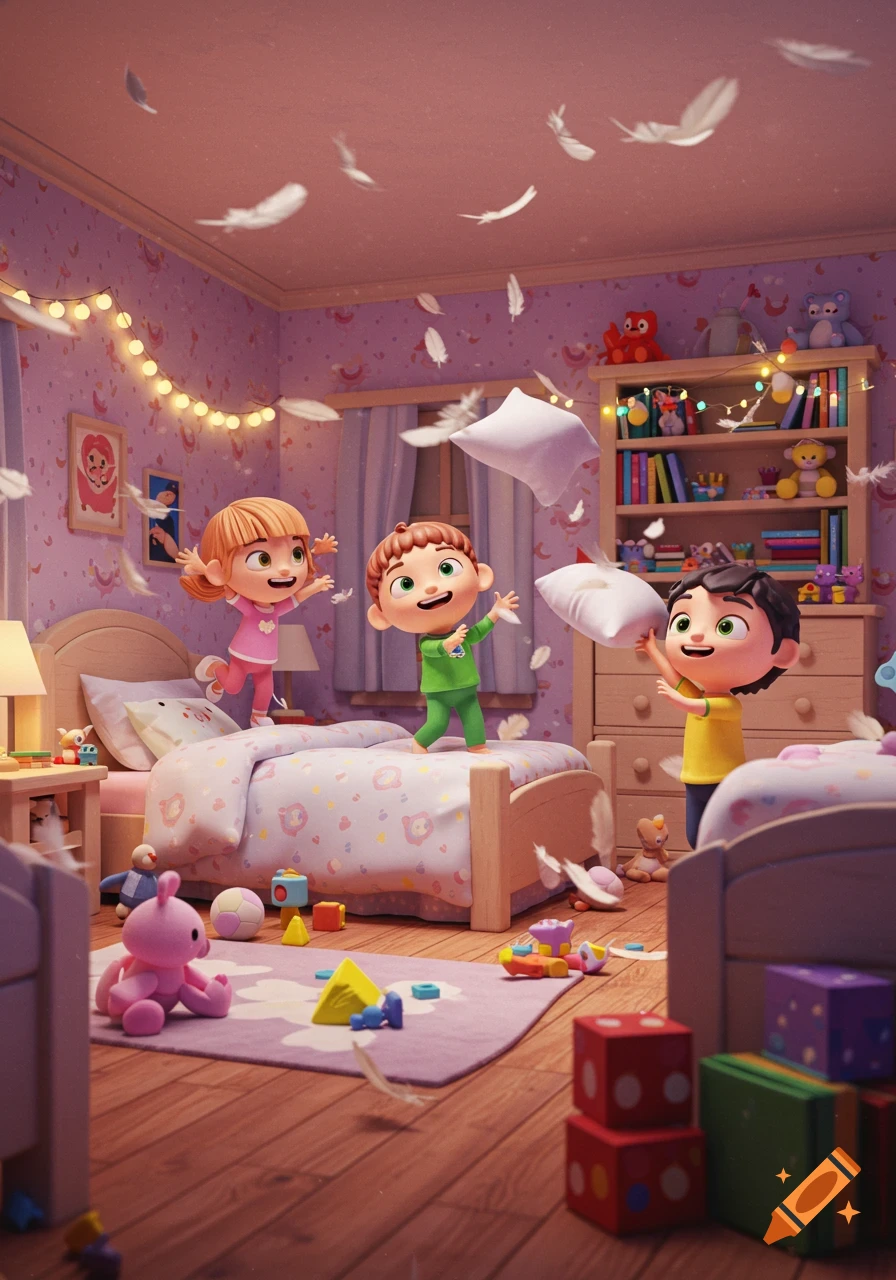 Three happy cartoon kids have a pillow fight in a bright, colorful bedroom, with feathers flying and toys scattered.