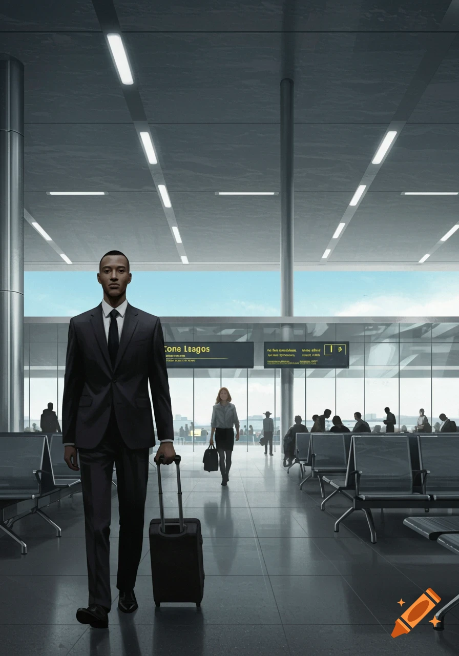 A man in a suit walks through a modern airport terminal, pulling a suitcase. Other travelers and departure boards are in the background.